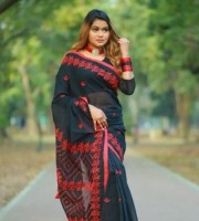 Black Red Halfsilk Embroidery Saree ( CODE:- HS-98 )